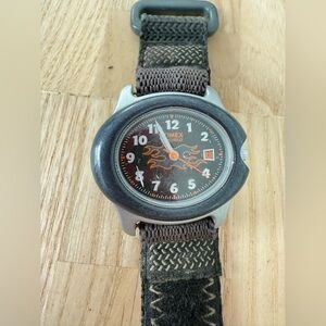 Timex black gray with orange flames nylon strap watch NEW BATTERY